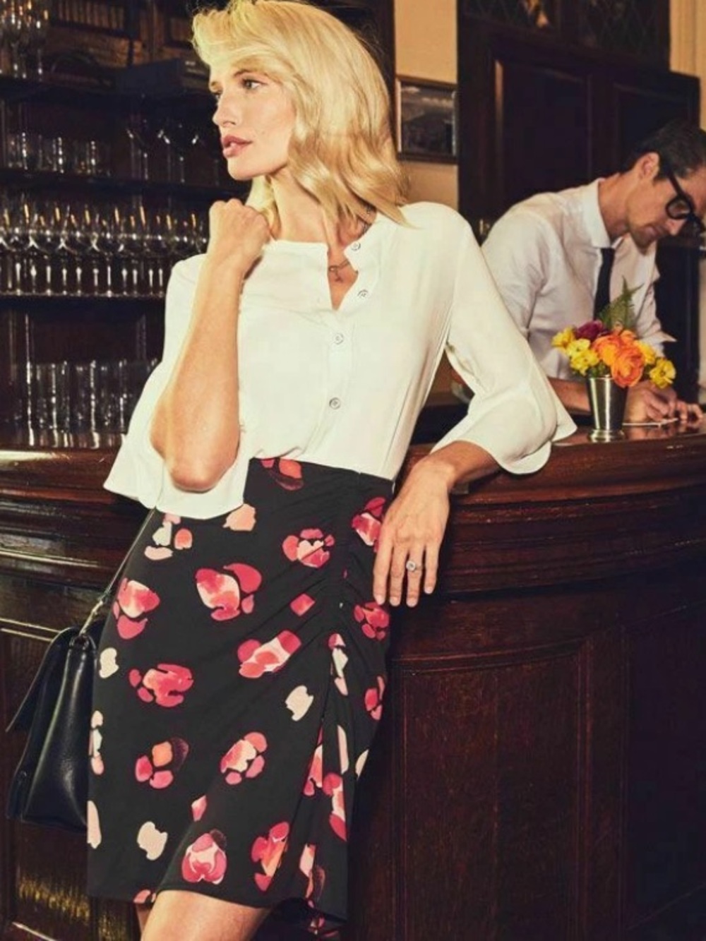 CAbi Black Midi Skirt with Pink & Red Floral Print